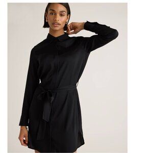 Quince Washable Stretch Silk Shirt Dress Belted Long Sleeve Classic Black Size S